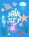 Save the sea, set of cute sea creatures, kawaii cartoon drawn ocean baby animals, ecological editable vector illustration Royalty Free Stock Photo