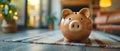 Save Smartly for Your Home: Stylish Piggy Bank on Hardwood Floor. Concept Home Decor, Savings Tips,