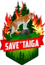 Save the taiga forest woodland wildfire - Deforestation Concept Vector Illustration emblem with lynx