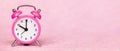 Save time, daylight savings, clock on a pink background, web banner Royalty Free Stock Photo
