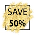 Save type on Golden glitter background with light, template for