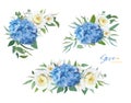 Save Ukraine blue and yellow flowers bouquets set. Hydrangea, garden roses, camellia flower, green eucalyptus leaves. Editable