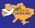 Save Ukraine. Ukraine map silhouette and flying bird as a symbol of peace in blue and yellow colors of ukrainian flag. Patriotic