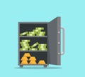 Save vault box full of money vector illustration. Cartoon flat design with bank cash safe deposit Royalty Free Stock Photo