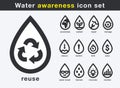 Save water awareness icon set. Smart water use drops with symbol