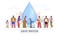 Save water banner with people in queue pumping drinking water, flat vector illustration on white background.