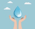 Save water concept, human hand with water drop background