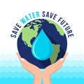 Save water save future text and hand hold dropwater in earth world vector design