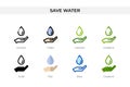 Save water icon in different style. Save water vector icons designed in outline, solid, colored, filled, gradient, and flat style Royalty Free Stock Photo