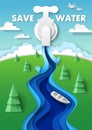 Save water poster design template. Paper cut water coming out of faucet. Clean, fresh water is limited resource, vector. Royalty Free Stock Photo