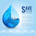 Save water save the world concept with Paper boat in drop water and earth map texture on abstract water wave background vector de Royalty Free Stock Photo