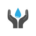 Save water sign. Hand holds water drop icon. Vector illustration, flat design Royalty Free Stock Photo