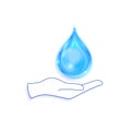 Save water sign icon. Hand holds blue drop symbol Royalty Free Stock Photo