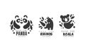 Save Wild Animals Logo Design Set, Protection of Panda, Rhino, Koala Animals Black and White Badges Vector Illustration Royalty Free Stock Photo