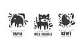 Save Wild Animals Logo Design Set, Protection of Tapir, Wild Animals, Kiwi Animals Black and White Badges Vector