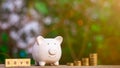 `save` wooden alphabet and a piggy bank with golden coins stack on old wooden table. - business and management concept