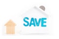 Save word on house is white Piggy bank with coins on white background.Time to invest, real estate and property concept. Finance