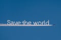 Save the world cloud text and airplane in blue sky