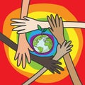 Save the world concept. hands of people of different nationalities working together for saving environment nature conservation