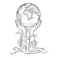 Save the world concept isolated line drawing, vector illustration design. hands with leaves hold Planet Earth Royalty Free Stock Photo