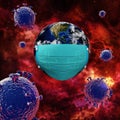 Save the world from coronavirus Covid 19 virus. The planet earth wear surgery mask with coronavirus Covid 19 virus . 3d rendering