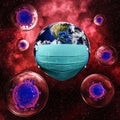 Save the world from coronavirus Covid 19 virus. The planet earth wear surgery mask with coronavirus Covid 19 virus in dome glass