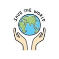 Save the world, Globe and hands doodle. Earth icon hand-drawn on white background.