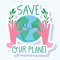 save the world hands with planet and foliage nature cartoon