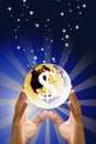 Save the world with money concept, Hand carry the earth with dollor icon with sunshine graphic Royalty Free Stock Photo