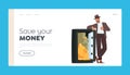 Save your Money Landing Page Template. Rich Male Character Stand at Open Safe with Golden Coins and Dollar Stacks