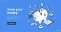 Save your money online calculation service piggy bank falling coins landing page vector illustration Royalty Free Stock Photo