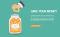 Save your money vector web illustration. Human hand puts money coins into jar, payment banking webpage or banner. Saving