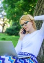 Save your time with shopping online. Sales manager occupation benefits. Girl sit grass with notebook. Woman with laptop Royalty Free Stock Photo