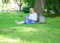 Save your time with shopping online. Sales manager occupation. Buy clothes online. Girl sit grass with notebook. Woman Royalty Free Stock Photo