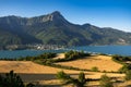 Savines-le-Lac and the Grand Morgon peak with Serre-Poncon Lake. Hautes-Alpes, Alps, France