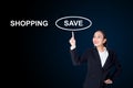 Saving concept-Business woman pointing her finger on save Royalty Free Stock Photo