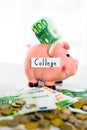 Saving concept. Piggy bank with an inscription college