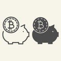 Saving crypto money line and glyph icon. Bitcoin piggy bank vector illustration isolated on white. Crypto coin and pig