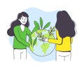 Saving Ecology with Young Woman with Earth Globe Caring about Green Planet and Nature Vector Illustration