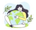 Saving Ecology with Young Woman Embracing Earth Globe Caring about Green Planet and Nature Vector Illustration Royalty Free Stock Photo