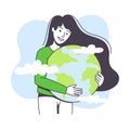 Saving Ecology with Young Woman Embracing Earth Globe Caring about Green Planet and Nature Vector Illustration Royalty Free Stock Photo