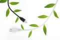 Saving electricity and green alternative energy concept. Electric plug cord with green leaves. Royalty Free Stock Photo