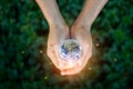 Saving energy concept, Hand holding earth against nature Royalty Free Stock Photo