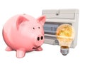 Saving energy consumption concept. Piggy bank with light bulb and electric meter, 3D rendering Royalty Free Stock Photo