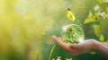 Saving environment. Earth crystal glass globe and growing tree in human hand. generative ai