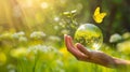 Saving environment. Earth crystal glass globe and growing tree in human hand. generative ai