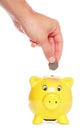 Saving fifty pence in a piggybank Royalty Free Stock Photo