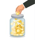 Saving flat money jar with hand holding coin Royalty Free Stock Photo