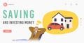 Saving and Investing Money Landing Page Template. Businessman Character Sitting in Relaxed Pose Dreaming of House, Car