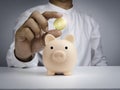 Saving and investment concept. Pink piggy bank and businessman`s hand in white shirt is holding and showing shining golden money. Royalty Free Stock Photo